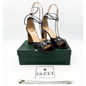 Gucci Horsebit Block Heels Ankle Wrap Sandals Black Leather 7.5